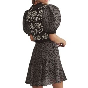 Anthropologie Short-Sleeve Button-Front Puff Sleeve Mini Dress Black 6